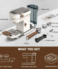 Straight Up Solid Espresso Machine For Home With 20 Bar Pressure Pump And Built In Milk Frother Steam Wand on countertop with accessories.
