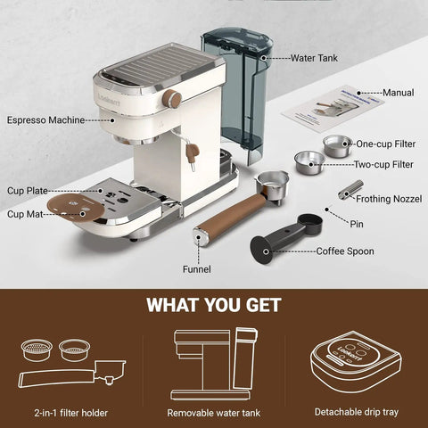 Straight Up Solid Espresso Machine For Home With 20 Bar Pressure Pump And Built In Milk Frother Steam Wand on countertop with accessories.