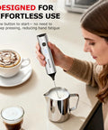 Woman using Rechargeable Milk Frother With Stand 3 Speed Handheld Electric Wand Mixer For Matcha Lattes And Cappuccinos Dual Spring Whisk USB C Fast Charge Kitchen Must Have Gift For Home Baristas.