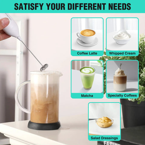 Top Shelf Handheld Rechargeable Milk Frother Wand And Electric Coffee Mixer Whips Up Lush Silky Foam For Your Daily Routine With Zero Sweat Or Hassle in use for coffee and matcha drinks.