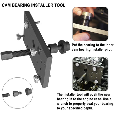 Front view of M8 cam bearing installer tool kit in black metal with bolts and adapters for Harley Milwaukee Eight engines
