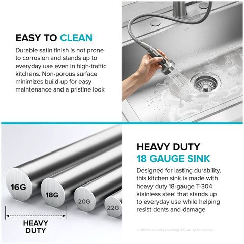 Close-up of 25 Inch Top Mount Single Bowl 18 Gauge Stainless Steel Kitchen Sink With Noise Defend Soundproofing And Dent Resistant Build, features heavy-duty 18-gauge durability and easy-to-clean surface.