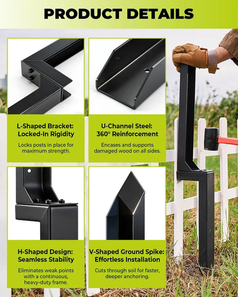 Heavy Duty Fence Post Repair Kit With Steel Post Anchor for leaning or broken posts, showing no dig, no hammer install features.