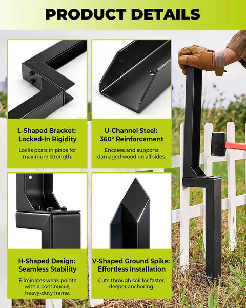 No Dig Fence Post Repair Kit With 4x4 And 6x6 Post Bases, Heavy Duty Post Bracket System, Screw Fixed Fence Post Anchor, DIY Friendly 4 Pack, Easy One Person Install For Leaning Or Wobbly Fence Posts