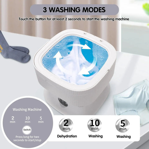 Collapsible Portable Washer With Fast Spin Cycle And 20L Capacity Built For Dorms Apartments Road Trippin Or Tailgate Gear Easy Snap Fold Design For Lazy Sundays Gray with three washing modes shown in action.