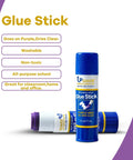 Purple Glue Sticks 22g Pack Of 3 For Office And School Projects Goes On Purple Dries Clear on white background.