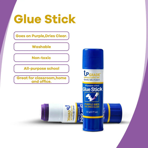 Purple Glue Sticks 22g Pack Of 3 For Office And School Projects Goes On Purple Dries Clear on white background.