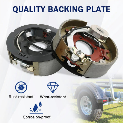 Badass Electric Trailer Brake Assembly Pair Built To Hustle Rock Solid Grip For Eight Thousand Pound Axles showing quality backing plates.