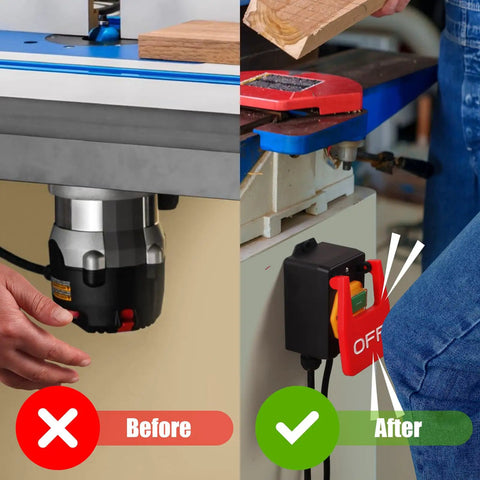 Heavy Duty Paddle Switch For Table Saw 110V To 120V Single Phase On Off Emergency Stop Paddle For Safe Hands Free Operation Fits Table Saw Router Table Drill Press With Beefy Extension Cord installed next to workbench.
