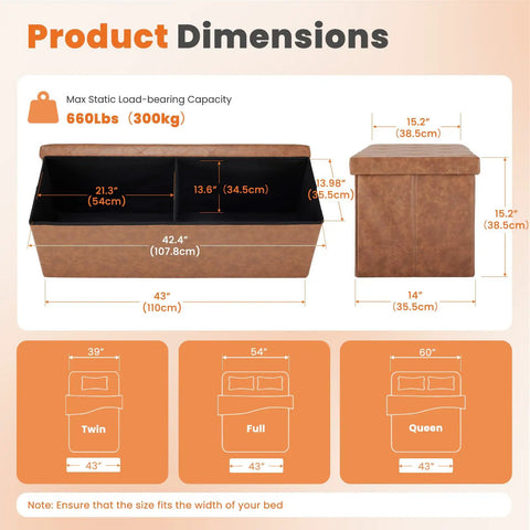 Dimensions and capacity of 43 Inch Folding Storage Ottoman With Bench And Foot Rest End Of Bed Organizer Brown Synthetic Leather Upholstered Stool Heavy Duty 660 Lb Weight Capacity Perfect Living Room Storage And Extra Seating
