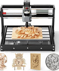 Badass Desktop CNC Router With Three Axis Engraving Power For Smooth Cutting On Wood Plastic Acrylic And Soft Metals Featuring Smart GRBL Control And Hustle Ready Workshop Rig engaged in intricate wood carving with various designs on display.