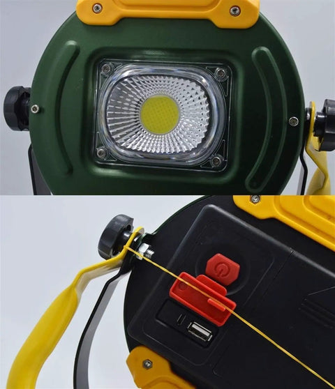 Close-up of 30W Portable Floodlight, Led Construction Flood Lights Outdoor Waterproof switch and USB ports