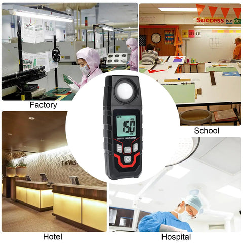 High Accuracy Handheld Light Meter With Lux And FC Switchable Units Measures 0.1 To 200000 Lux And 0.01 To 20000 FC LCD Backlit Display Ideal For Indoor Outdoor Film Photography And Lighting Setup, black digital meter in factory and school scenes