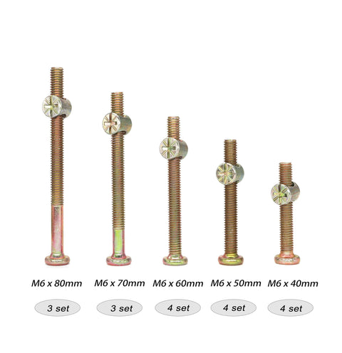 Crib Screws Hardware Replacement Kit 18 Piece Set M6x40 50 60 70 80mm Hex Drive Socket Cap Screws With Barrel Nuts sizes