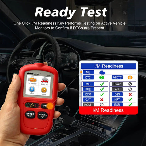 Person holding OBD2 Scanner AL329 Upgraded Diagnostic Tool with display, showing I/M Readiness test results in car interior.