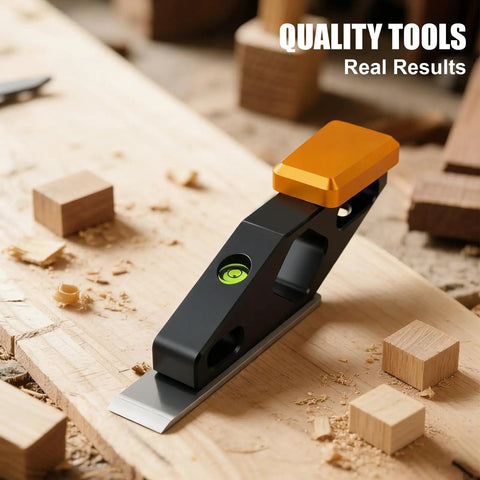 Pro Shop Ready Block Plane With Built In Level And Hardened Steel Blade Compact Aluminum Hand Planer on wooden surface.