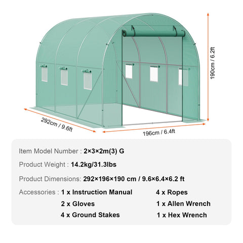 Beefed-Up Walk-In Tunnel Greenhouse With Galvanized Steel Frame And Green PE Cover, 9.6 By 6.4 By 6.2 Feet Hoop House With Roll-Up Zipper Door And Six Windows For Outdoor Plant Growing And Garden Season Extension