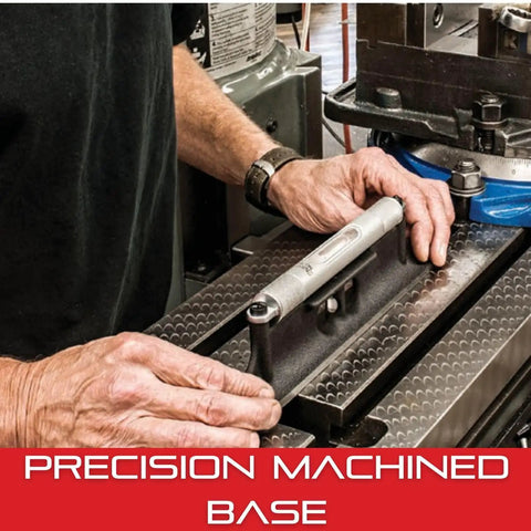 Hands using Compact Bench Level For Woodworking And Metalworking, Three And Three Eighths Inch Overall Length Cast Iron Body