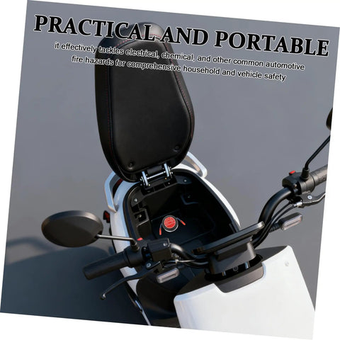 Road Ready Automatic Fire Extinguisher Featuring Sick Heavy Duty Back Adhesive For Car Engine Garage Home Safety Hella Solid Compact Aluminum Alloy Defense Pod mounted on a scooter seat.