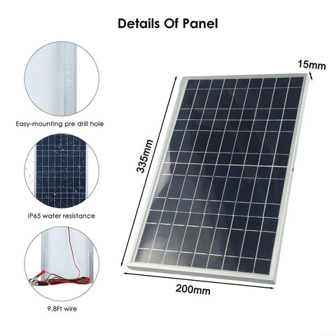 15W 12V Portable Solar Panel Kit with alligator clips detailed view showing dimensions, IP65 waterproof rating, and wire