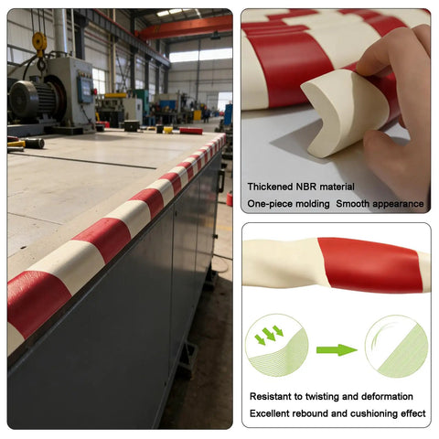 Wall Edge Corner Guards 196.9 Inch Long Red and White Self Adhesive Foam Protector Padding on warehouse equipment.