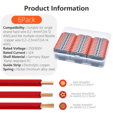 Six Pack Lever Wire Connectors Kit, 12-Position Terminal Strip for Inline Circuits, Quick Wire In with 24-12 AWG Conductors