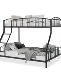 Rock Solid Twin Over Full Bunk Bed With Secure Ladder And Safety Railings For Kids And Adults A Total Space Saving Game Changer Built Tough For Long Nights Made To Maximize Small Floors So You Can Kick Back And Sleep Easy Roomwide, featuring a black metal frame and cozy bedding.