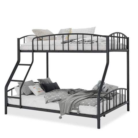 Rock Solid Twin Over Full Bunk Bed With Secure Ladder And Safety Railings For Kids And Adults A Total Space Saving Game Changer Built Tough For Long Nights Made To Maximize Small Floors So You Can Kick Back And Sleep Easy Roomwide, featuring a black metal frame and cozy bedding.