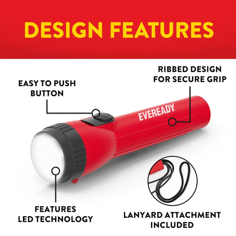 3 Pack LED Flashlights For Emergencies And Camping Gear showing red flashlight with LED technology, easy push button, durable grip