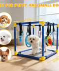 Indoor Puppy Play Gym With Hanging Toys And 8 Enrichment Toys For Small Dogs Cats And Other Pets PVC Frame Activity Center To Keep Energetic Pups Busy And Curious Kitten Entertained, featuring a small white dog.