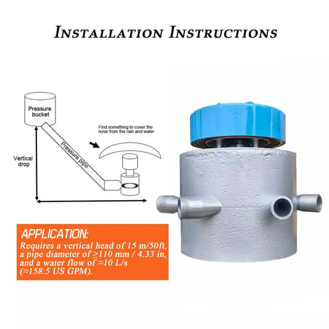 Diagram and image of 3kW 110V To 230V Hydroelectric Water Turbine Generator For Outdoor Rivers And Mountains Six Nozzle Direct Impact Turbine For High Power Portable Home Use Off Grid Ready 3500RPM showing installation requirements.