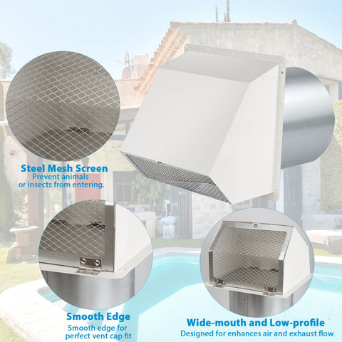 10 Inch Hooded Wall Vent With Screen And Damper For Outdoor Exhaust, white vent cover with mesh screen and smooth edge