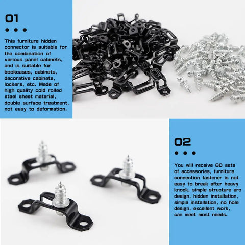 Premium Heavy Duty 60 Piece Concealed Furniture Slide Connectors And Snap On Buckle Fasteners For Rock Solid Cabinet Assembly Tool Free Half Pass Hardware Kit Bundle with black metal connectors and screws