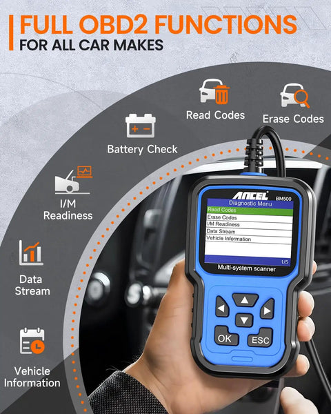 Person holding Pro Grade BMW And Mini OBD2 Scanner For All In One Full System Diagnostics showing menu options