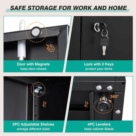 Features of Lockable 71 Inch Metal Storage Cabinet With 2 Doors And 6 Adjustable Shelves, showing lock and magnet details