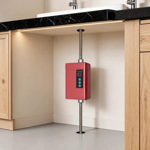 Rock Solid 3000W Instant Electric Hot Water Heater With Built Like A Tank Cast Aluminum Shell, installed under sink.