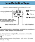 Diagram showing icon definitions for 30A MPPT Solar Charge Controller For 12V/24V Systems With LCD Display and auto battery type detect.