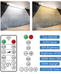 11.8 Inch Under Cabinet Light With Motion Sensor, Cordless Magnetic Closet Lighting, USB Rechargeable Night Light With Remote, Adjustable Brightness And Color Temperature 3000K To 5000K, UL Listed, 2 Pack showing warm and daylight settings with remote control functions.