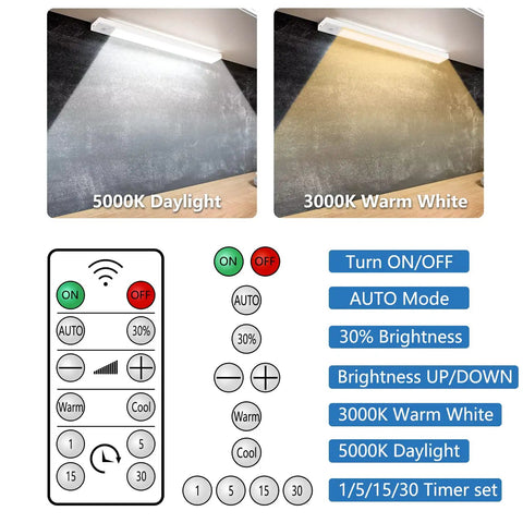 11.8 Inch Under Cabinet Light With Motion Sensor, Cordless Magnetic Closet Lighting, USB Rechargeable Night Light With Remote, Adjustable Brightness And Color Temperature 3000K To 5000K, UL Listed, 2 Pack showing warm and daylight settings with remote control functions.