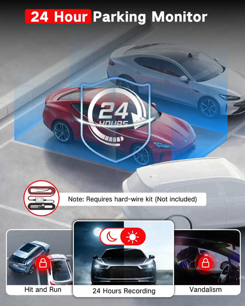 24 Hour Parking Mode feature of 4K Front And 2.5K Rear Dash Cam With Free 64GB Card Included 5.8GHz WiFi Built In Night Vision