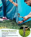 Heavy Duty 12 Inch Rebar Stakes 20 Pack Durable Metal Garden Stakes with chisel point being hammered into grassy ground by a tent.