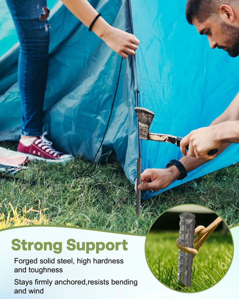 Heavy Duty 12 Inch Rebar Stakes 20 Pack Durable Metal Garden Stakes with chisel point being hammered into grassy ground by a tent.