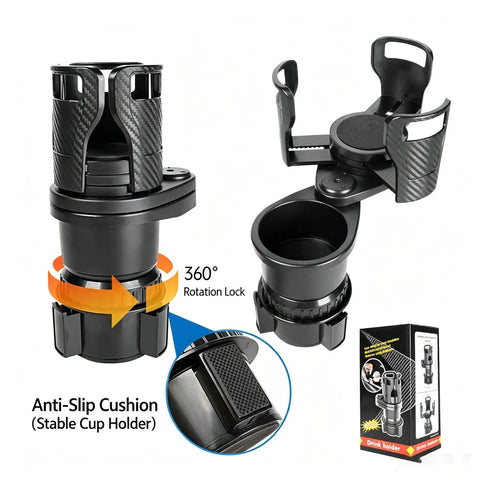 Universal Adjustable Car Cup Holder Expander Insert Base with anti-slip cushion, 360-degree rotation for secure large mugs.