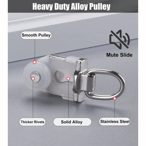 Heavy Duty Ceiling Curtain Track System With Smooth Silent Pulleys And Double Aluminum Runners Paired With A Slick Cornice Cover For Total Blackout And Effortless Home Setup close-up of heavy duty alloy pulley with smooth design and stainless steel parts.