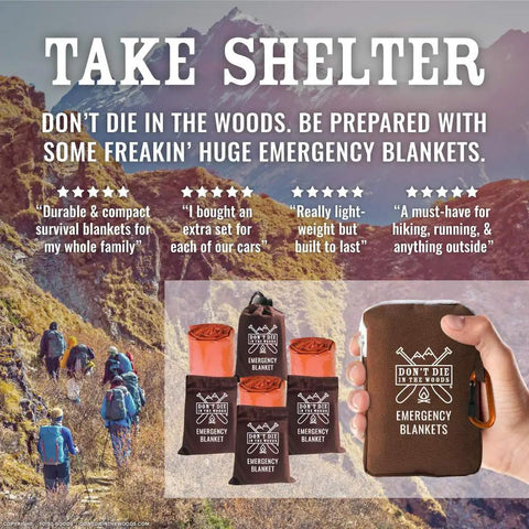 Freakin Huge 4 Pack XL Emergency Blankets Mylar Space Blankets For Hiking Camping Survival Kit in compact packaging with hand holding one