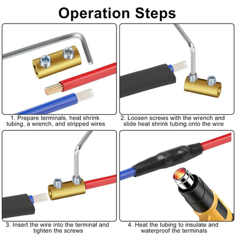 Operation steps for 10 Pack 10AWG Wire Connector Nut Kit With Brass Heat Shrink Butt Connectors and tools