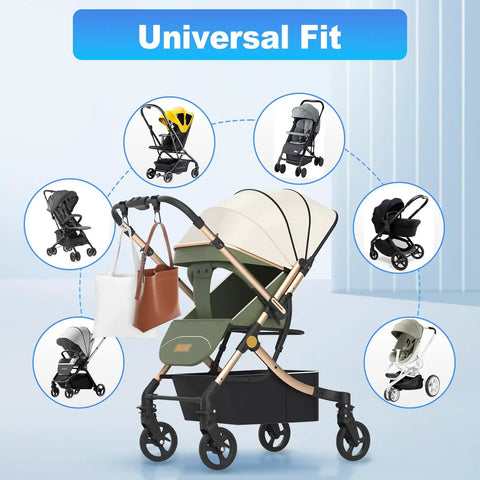 4 Pack Premium Non Slip Stroller Hooks With Adjustable Carabiner Clips shown on stroller with universal fit display