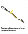 Ultra Compact Clip To Loop Coil Tether For Small Objects With Swivel Snap D Ring Attachment, black and yellow design