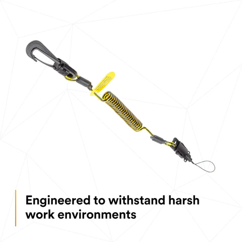 Ultra Compact Clip To Loop Coil Tether For Small Objects With Swivel Snap D Ring Attachment, black and yellow design