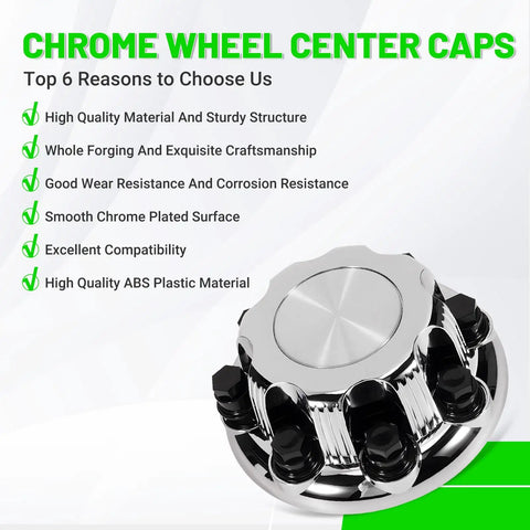 8 Lug Chrome Wheel Center Caps Set 4 Pieces For 1998-2013 Chevy Silverado GMC Sierra Suburban Tahoe Avalanche Yukon Rim Hub Covers Replacement 15039489 With Glossy Silver Finish Direct Fit Durable Alloy Chrome Look OEM Style Weather Resistant Easy with product features listed next to cap.